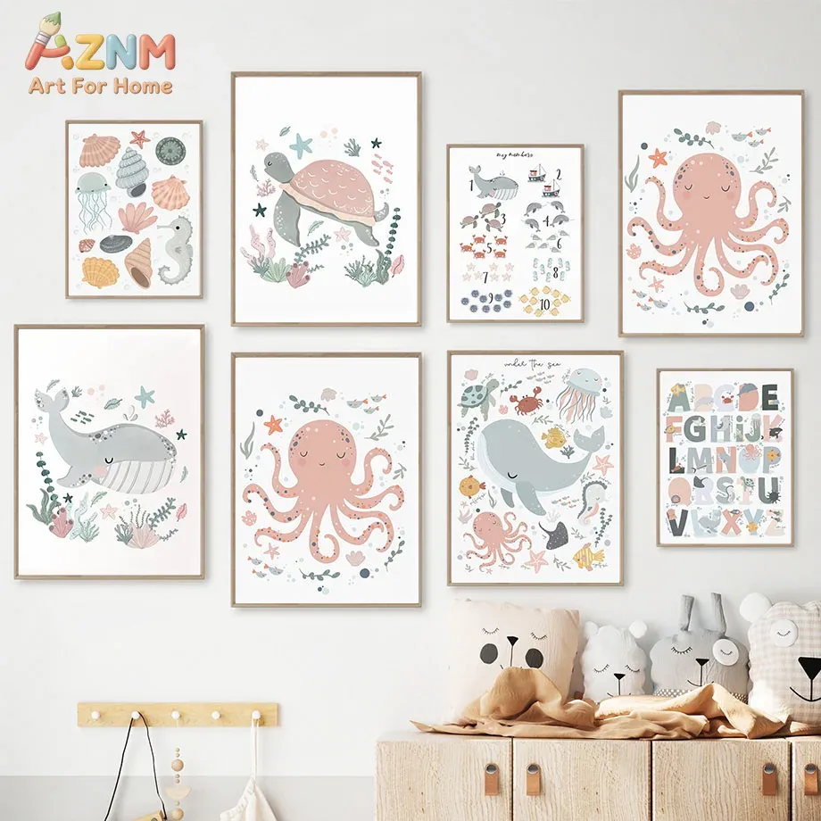 Kids Education Alphabet Numbers - AZNM 보육원 바다 동물 캔버스 벽