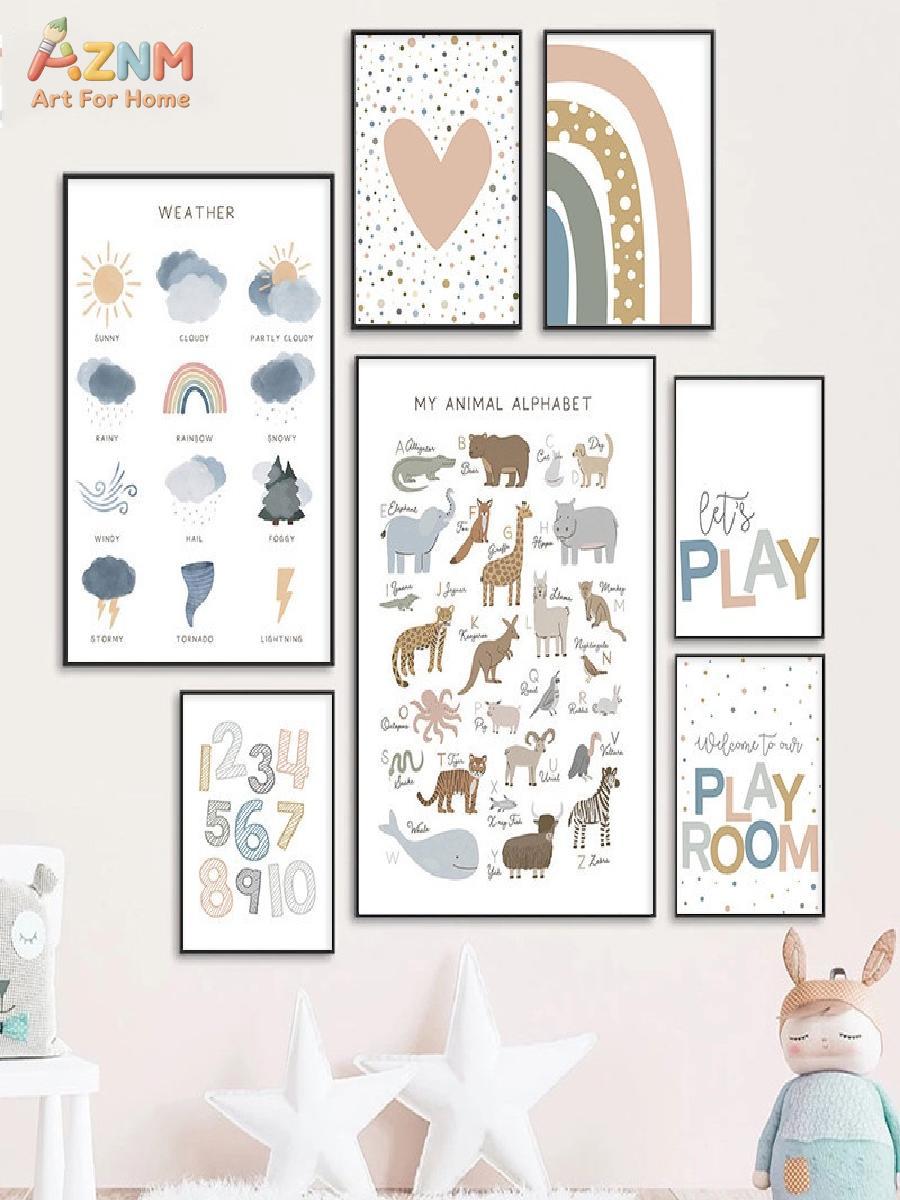 AZNM Boho 어린이 교육용 캔버스 벽 예술 무지개 - Kids Education Alphabet Numbers 리뷰 및 가격